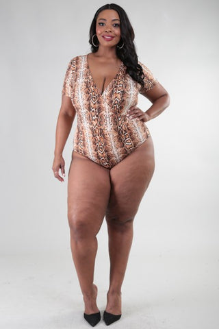 Short Sleeve Snake Skin V-Neck Bodysuit