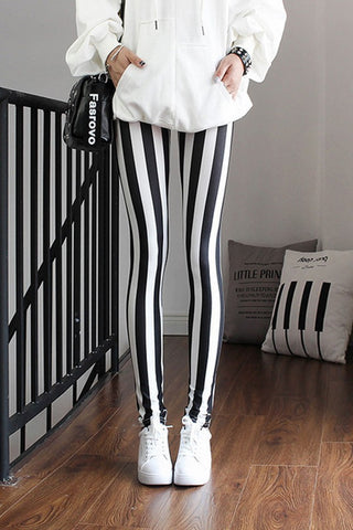 High Waisted Black & White Thick Stripes Leggings