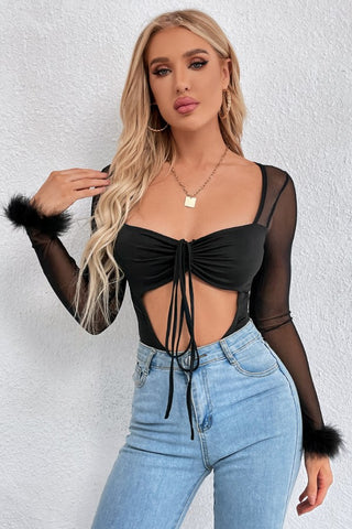 Mesh & Feather Cut-Out Bodysuit - Large Left