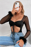 Mesh & Feather Cut-Out Bodysuit